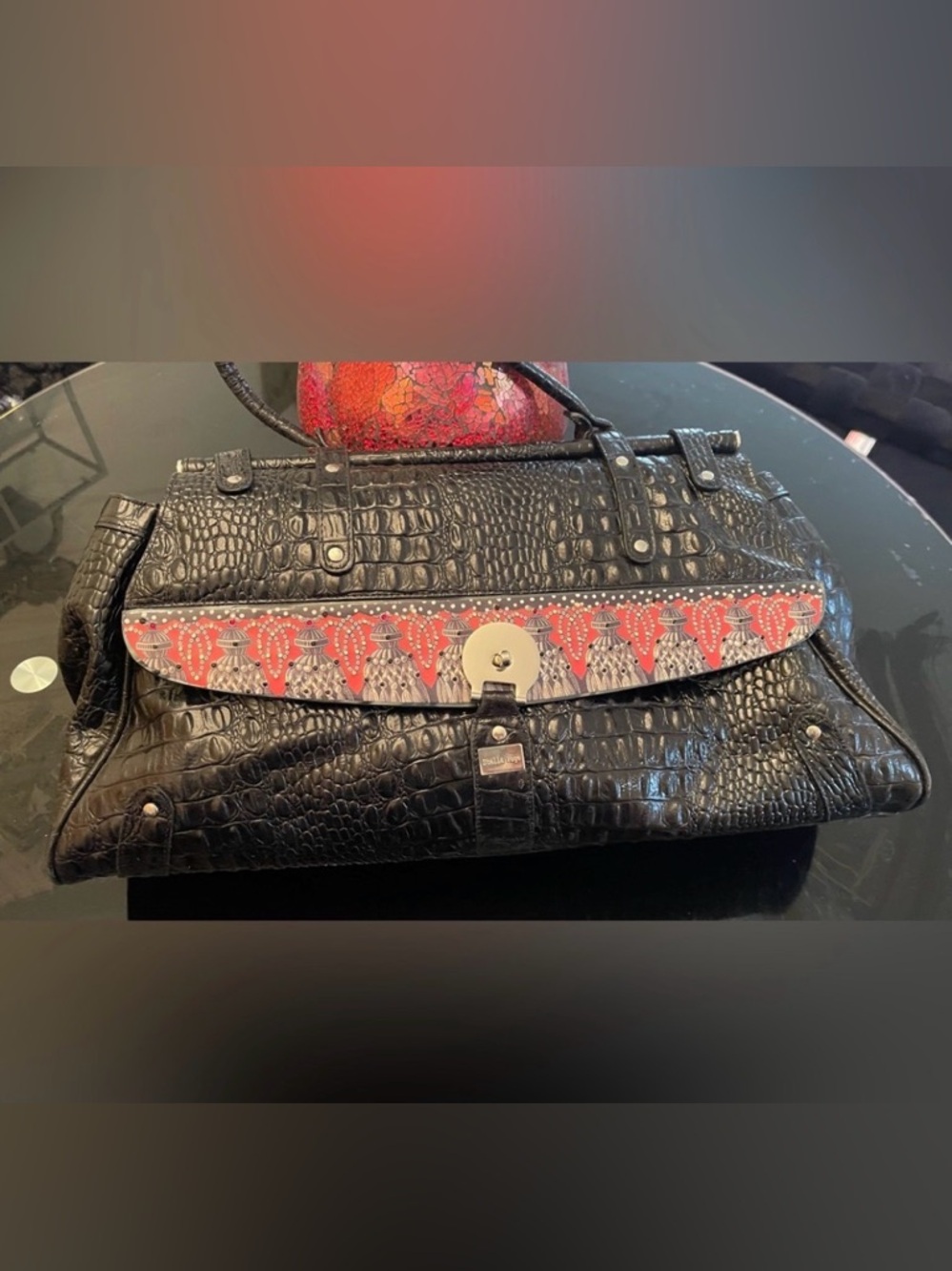 Stella Page Black Crocodile Pattern Purse | Signed | Card, Phone & Zipped Pocket